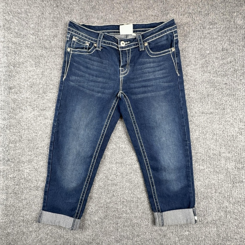 Y2K Cg.l.Cg Capri Jeans Womens 6 Medium Wash Blue Mid Rise Rhinestone Stretch